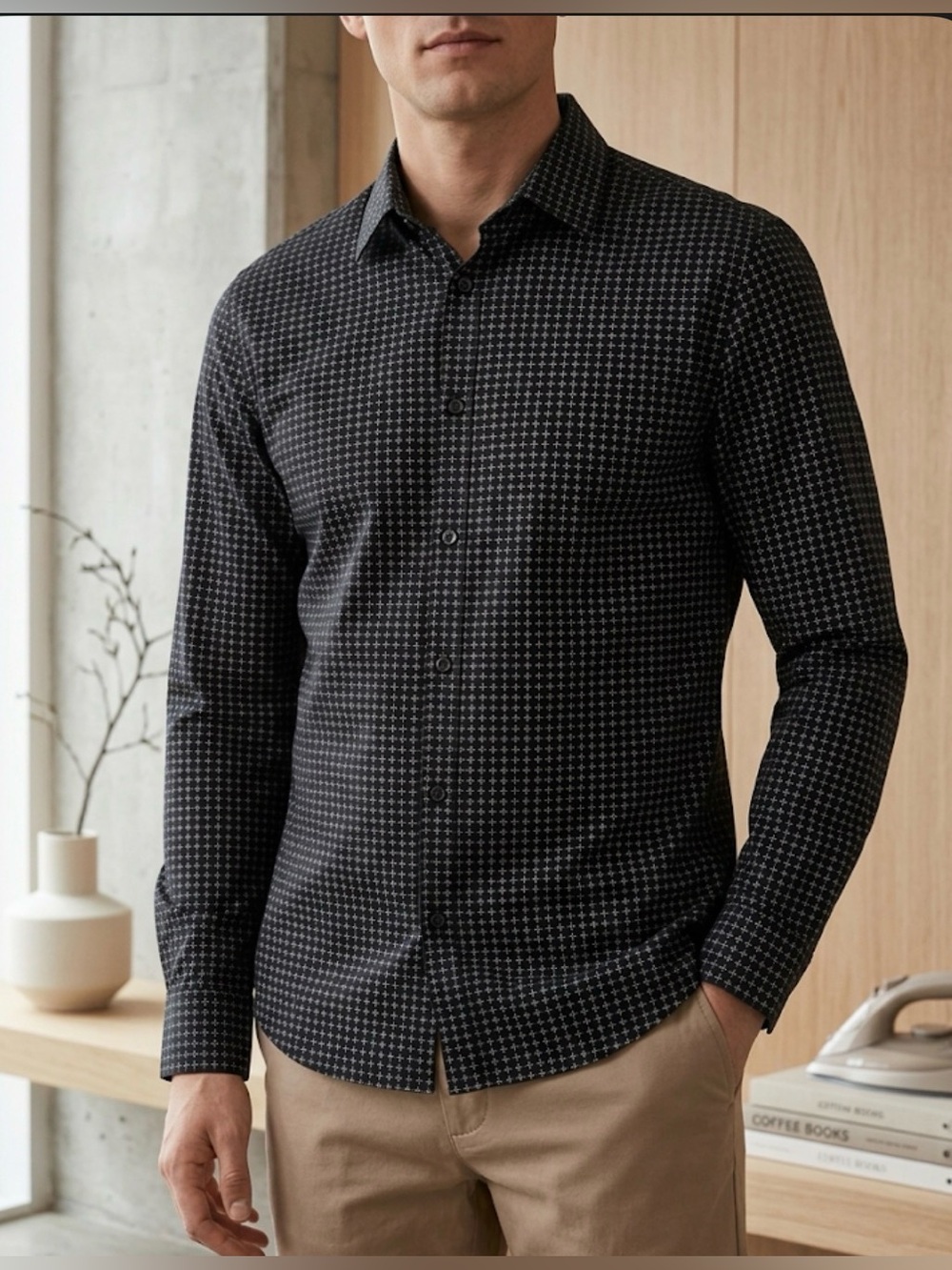 H&M Men’s Easy Iron Slim Fit Dress Shirt | Black Patterned | Size Medium
